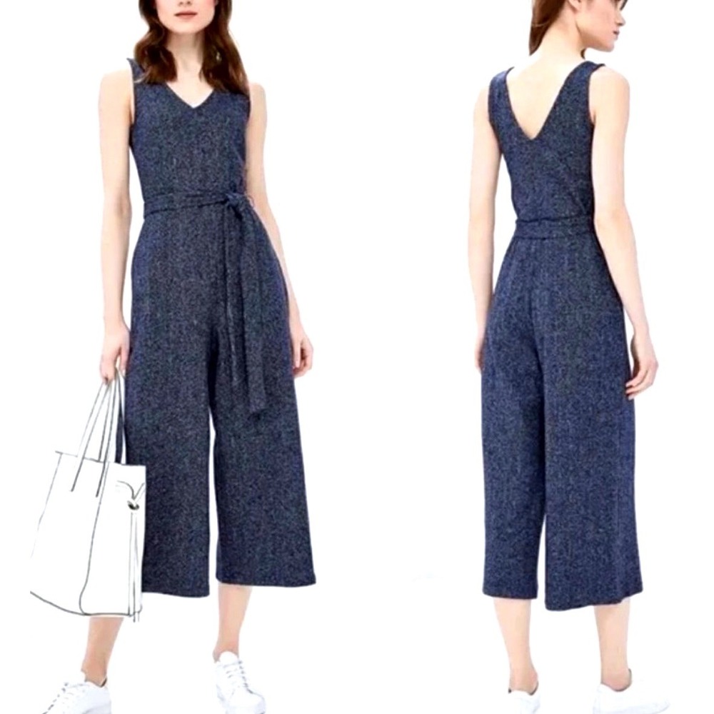Gap Sleeveless V Neck Tie Waist Wide Leg Jumpsuit Sz XS Preppy Costal Minimalist